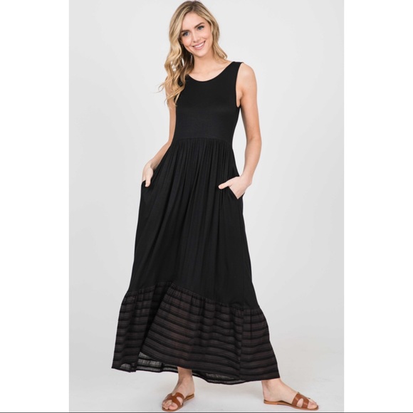 SLEEVELESS RUFFLE FLARE MAXI DRESS - BLACK - Picture 9 of 9
